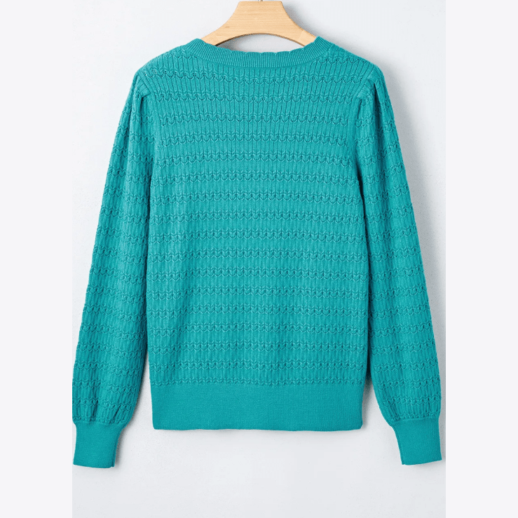 Aurelia Sea Green Pattern Knit Ribbed Cuffs Crew Neck Sweater