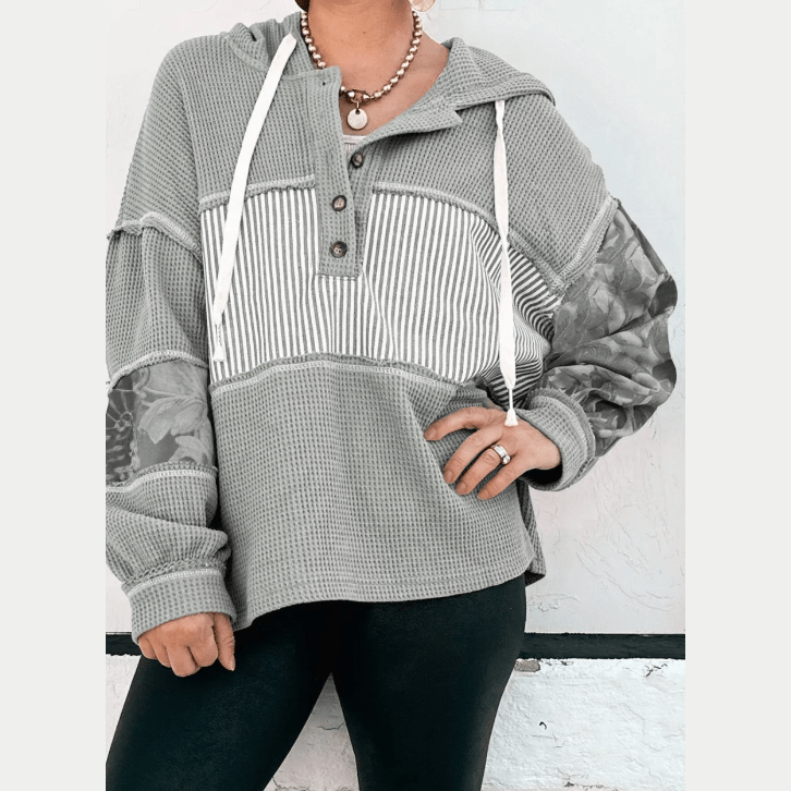 Joleigh Grey Waffle Printed Patchwork Drawstring Hooded Long Sleeve Top