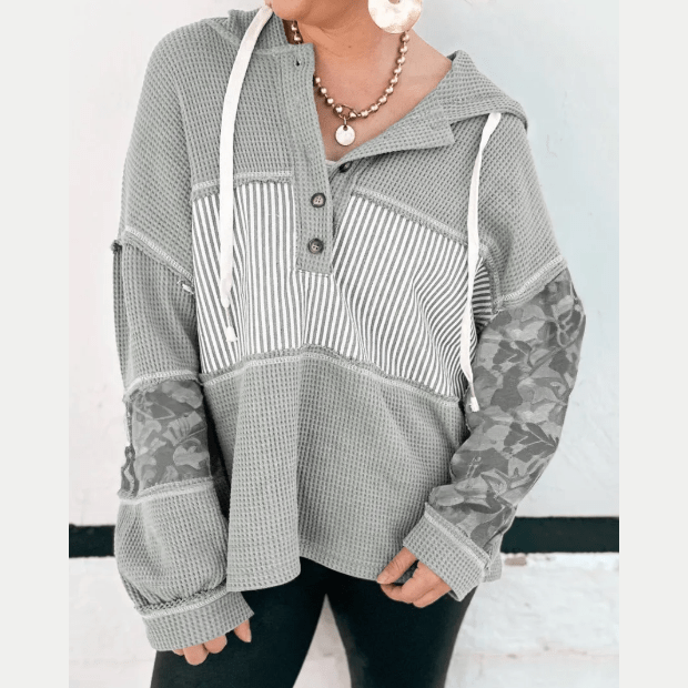 Joleigh Grey Waffle Printed Patchwork Drawstring Hooded Long Sleeve Top