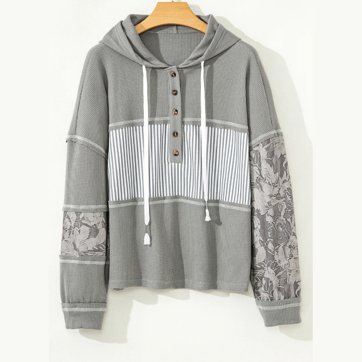 Joleigh Grey Waffle Printed Patchwork Drawstring Hooded Long Sleeve Top