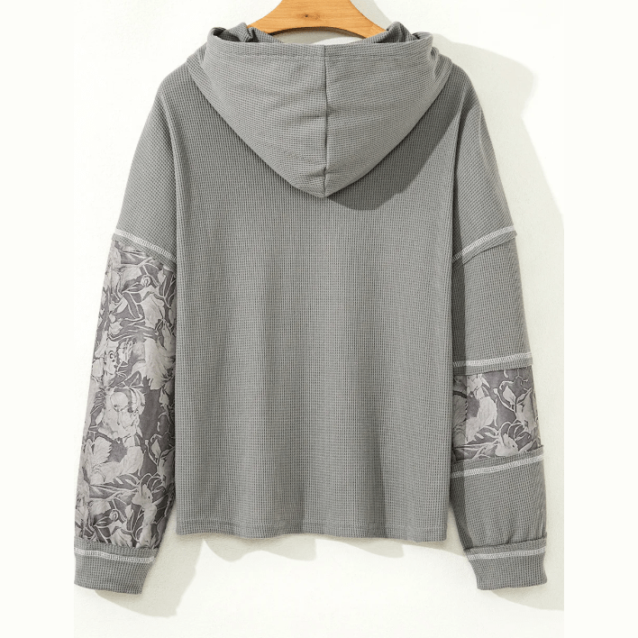 Joleigh Grey Waffle Printed Patchwork Drawstring Hooded Long Sleeve Top