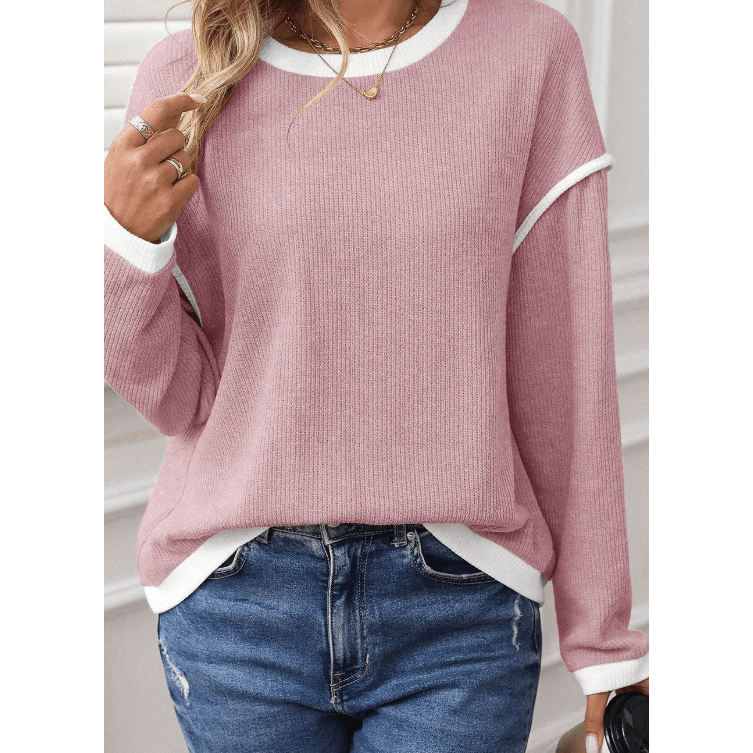 Dayten Pink Contrast Color Trim Knit Drop Shoulder Loose Top