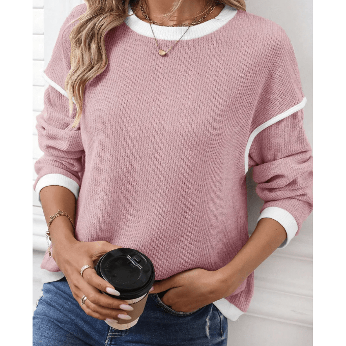 Dayten Pink Contrast Color Trim Knit Drop Shoulder Loose Top