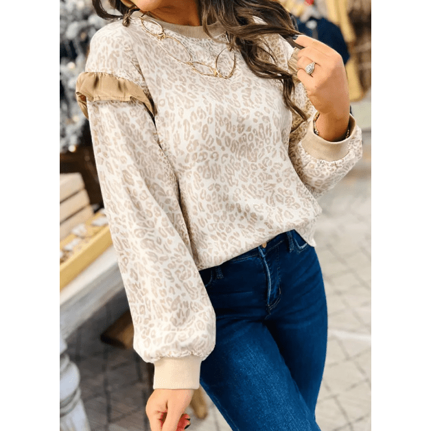 Kaydee Khaki Leopard Ruffle Detail Ribbed Trim Round Neck Sweatshirt