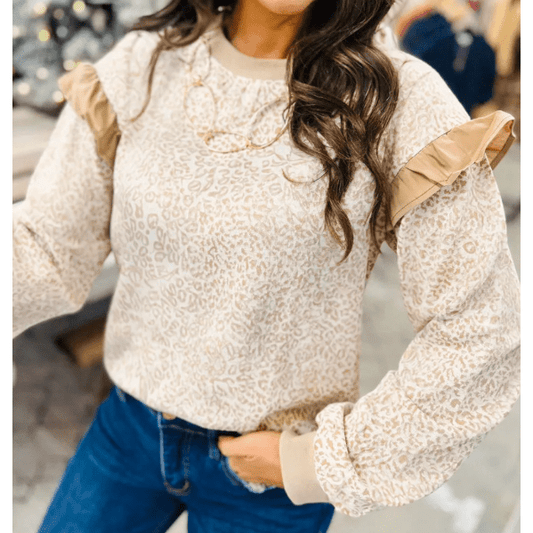 Kaydee Khaki Leopard Ruffle Detail Ribbed Trim Round Neck Sweatshirt
