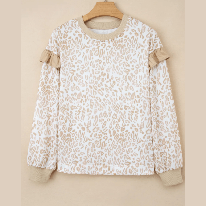Kaydee Khaki Leopard Ruffle Detail Ribbed Trim Round Neck Sweatshirt