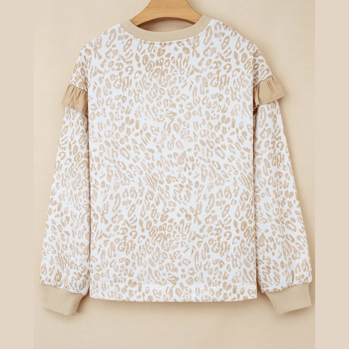 Kaydee Khaki Leopard Ruffle Detail Ribbed Trim Round Neck Sweatshirt