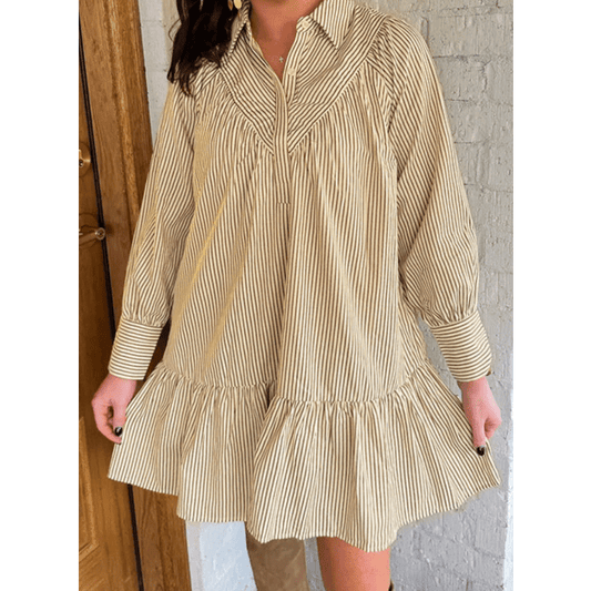 Madlin Brown Stripe Collared Neck Cuffed Long Sleeve Drop Waist Mini Dress