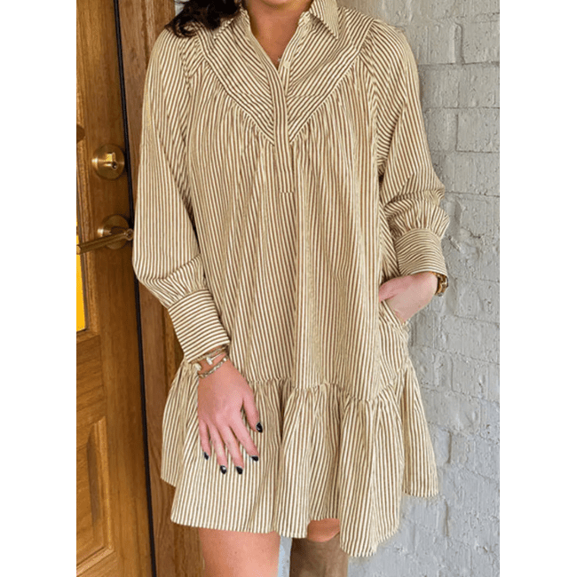 Madlin Brown Stripe Collared Neck Cuffed Long Sleeve Drop Waist Mini Dress