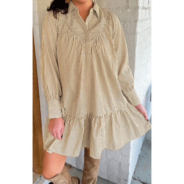 Madlin Brown Stripe Collared Neck Cuffed Long Sleeve Drop Waist Mini Dress