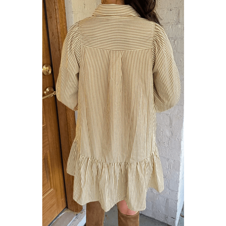 Madlin Brown Stripe Collared Neck Cuffed Long Sleeve Drop Waist Mini Dress