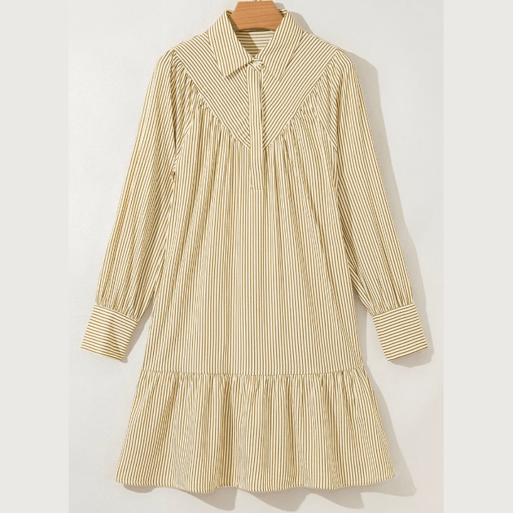 Madlin Brown Stripe Collared Neck Cuffed Long Sleeve Drop Waist Mini Dress
