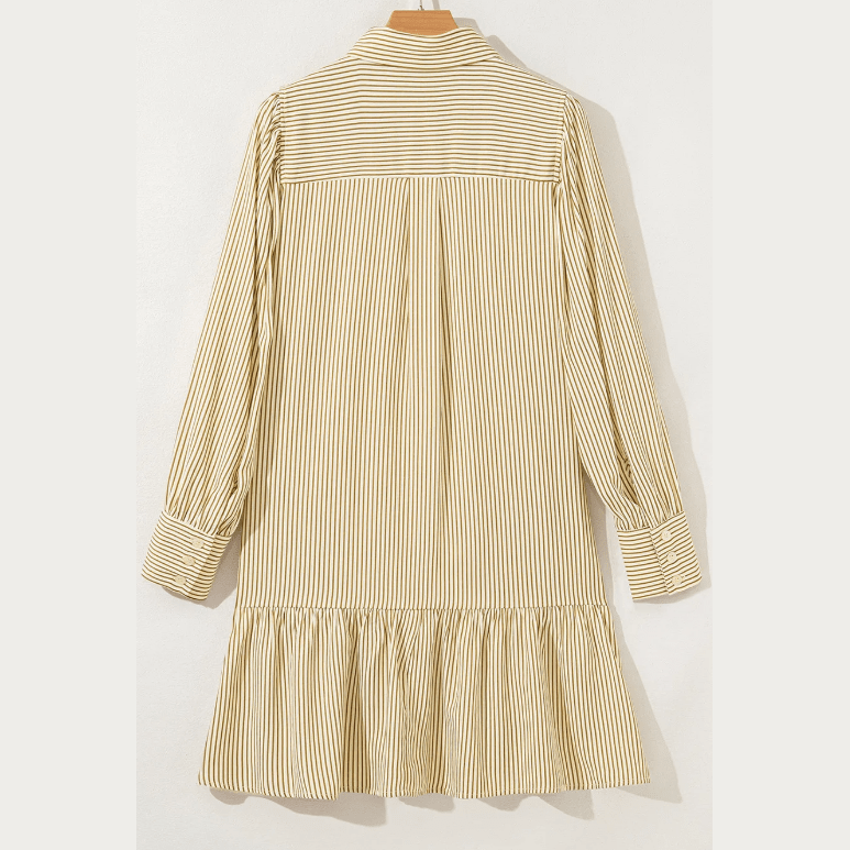 Madlin Brown Stripe Collared Neck Cuffed Long Sleeve Drop Waist Mini Dress