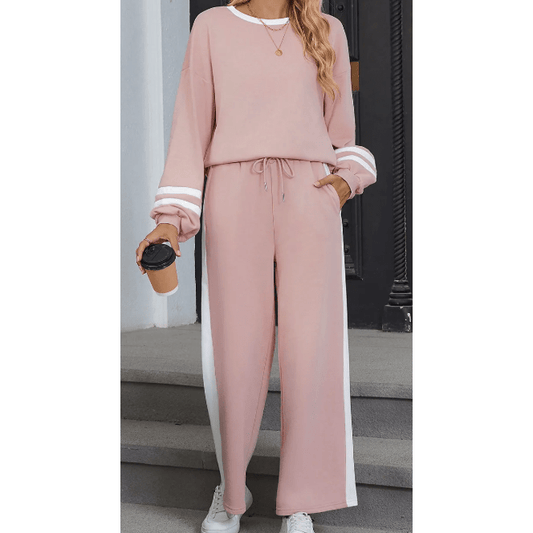 Lassie Pink Varsity Stripe Patchwork Puff Sleeve Pullover Drawstring Wide Leg Pant Set