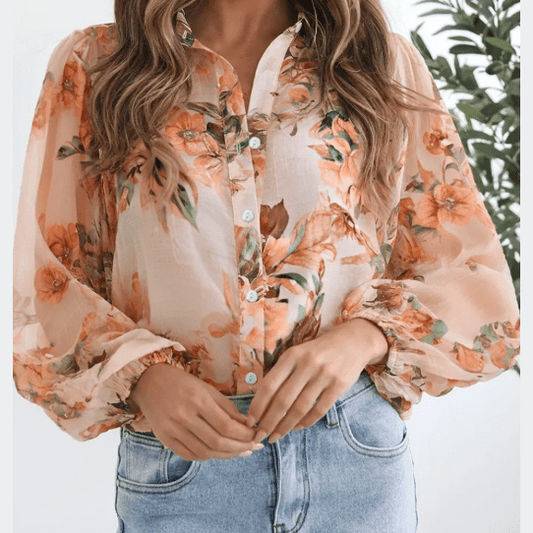 Pemma Orange Floral Puff Sleeve Lightweight Shirt