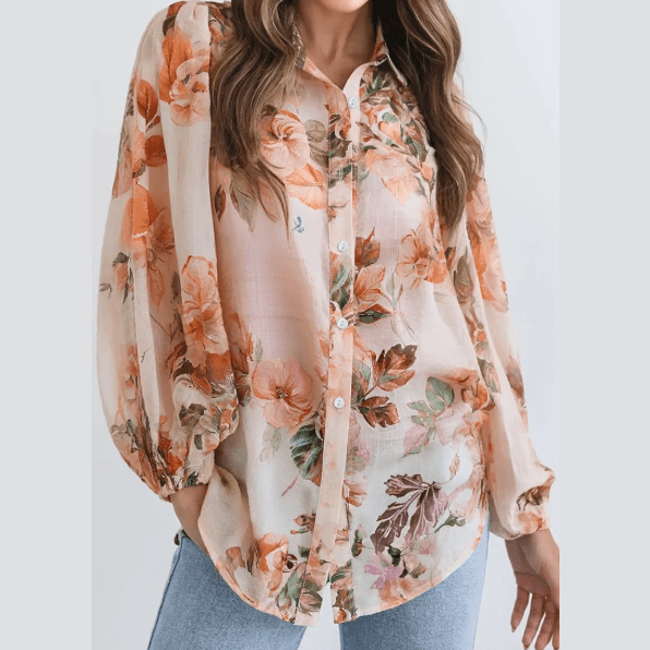 Pemma Orange Floral Puff Sleeve Lightweight Shirt
