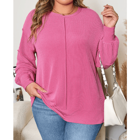 Marylan Bonbon Pink Spiral Ribbed Exposed Seam Detail Plus Size Long Sleeve Top