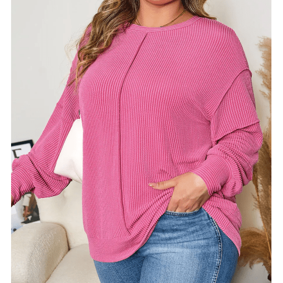 Marylan Bonbon Pink Spiral Ribbed Exposed Seam Detail Plus Size Long Sleeve Top