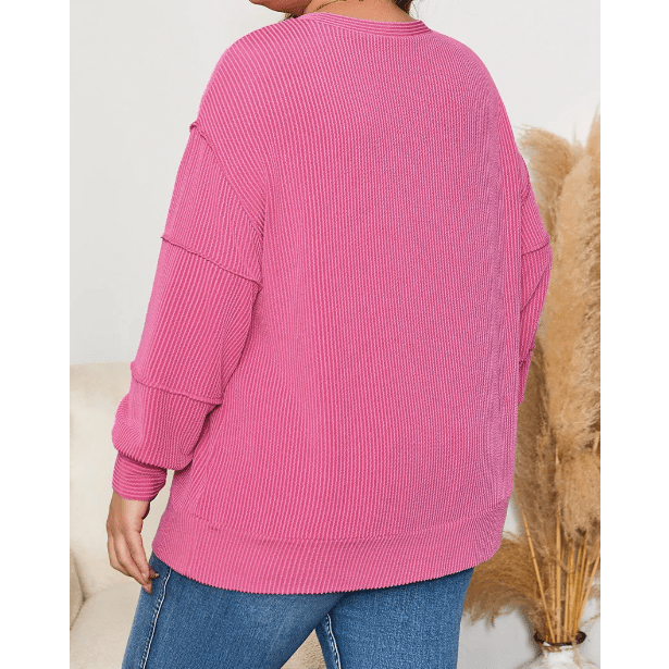 Marylan Bonbon Pink Spiral Ribbed Exposed Seam Detail Plus Size Long Sleeve Top