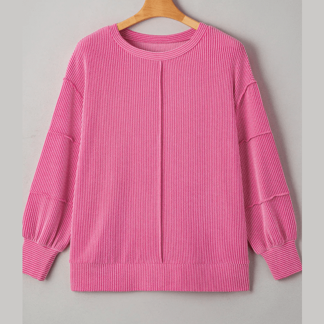 Marylan Bonbon Pink Spiral Ribbed Exposed Seam Detail Plus Size Long Sleeve Top