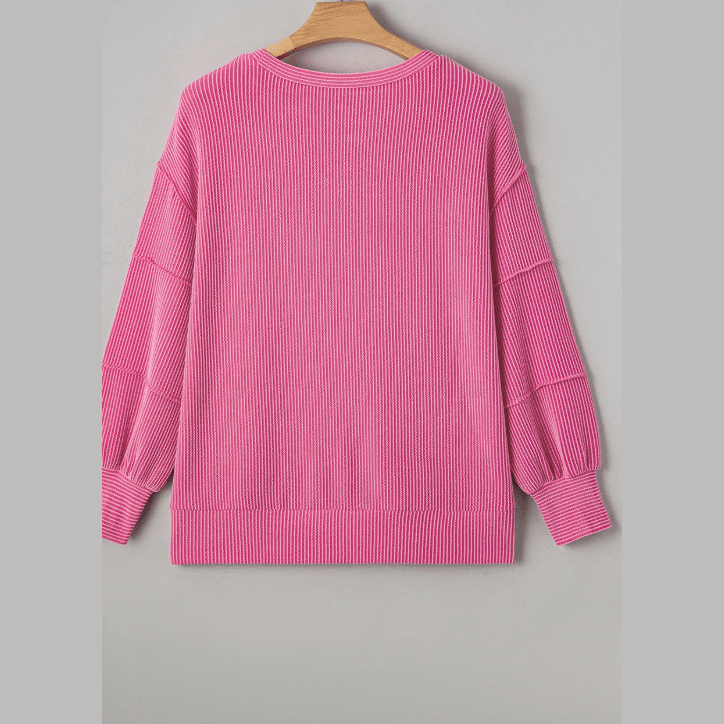 Marylan Bonbon Pink Spiral Ribbed Exposed Seam Detail Plus Size Long Sleeve Top