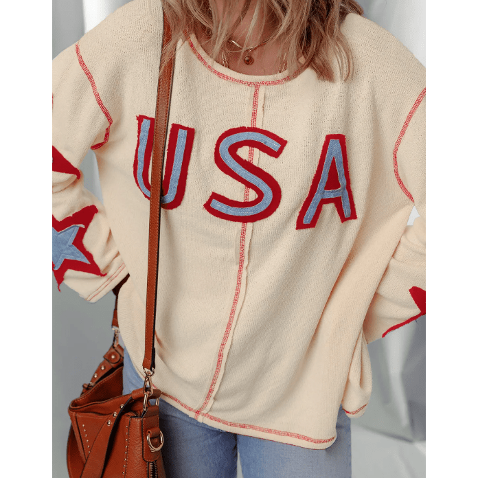 Beige USA Star Contrast Patchwork Exposed Seam Long Sleeve Top
