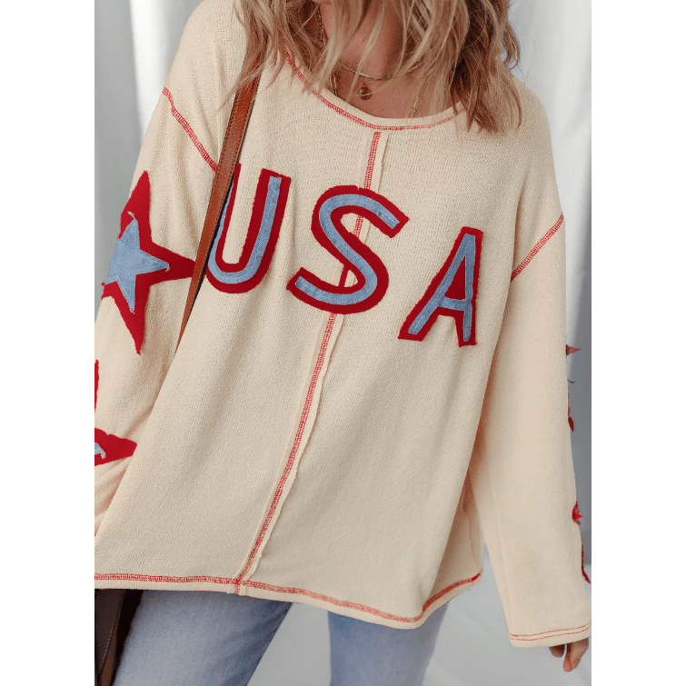 Beige USA Star Contrast Patchwork Exposed Seam Long Sleeve Top