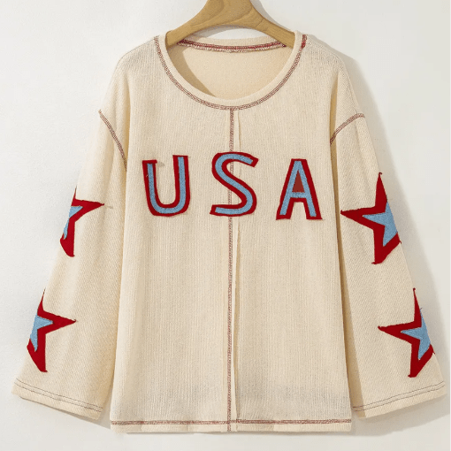 Beige USA Star Contrast Patchwork Exposed Seam Long Sleeve Top