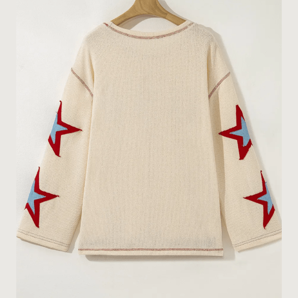 Beige USA Star Contrast Patchwork Exposed Seam Long Sleeve Top