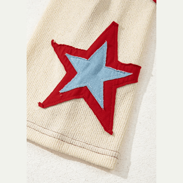 Beige USA Star Contrast Patchwork Exposed Seam Long Sleeve Top