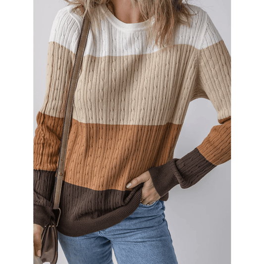 Keyla Khaki Colorblock Cable Knit Round Neck Sweater