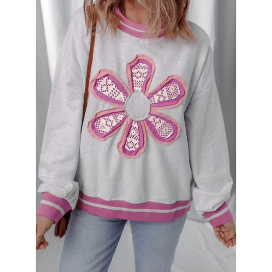 Gayle Flower Patch Contrast Trim Crew Neck Sweatshirt