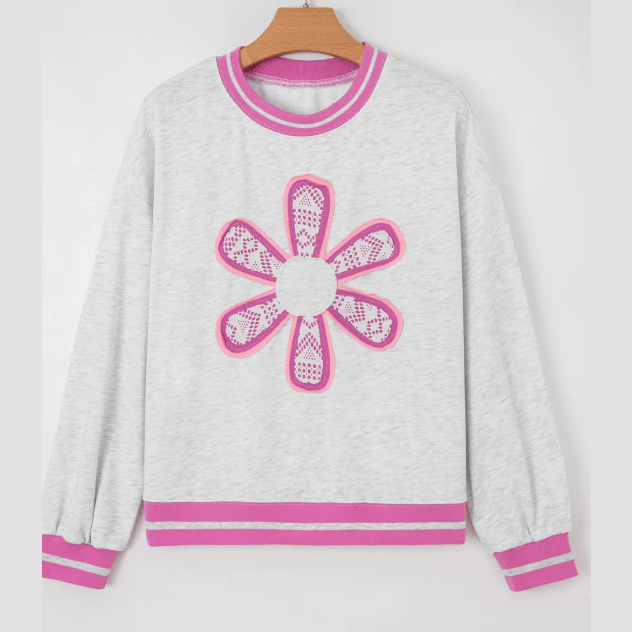 Gayle Flower Patch Contrast Trim Crew Neck Sweatshirt