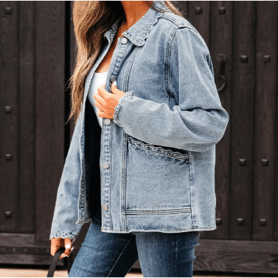 Jodi Scallop Trim Collar Patched Pocket Button Up Denim Jacket