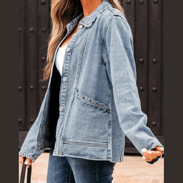 Jodi Scallop Trim Collar Patched Pocket Button Up Denim Jacket