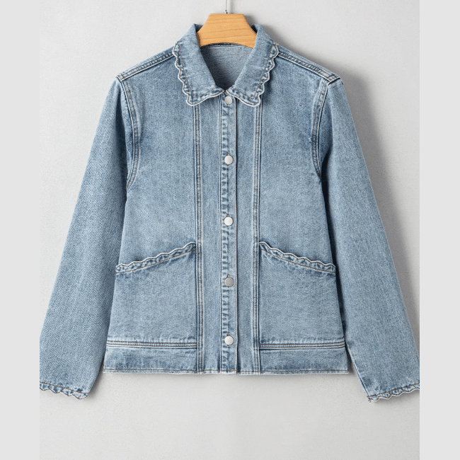 Jodi Scallop Trim Collar Patched Pocket Button Up Denim Jacket