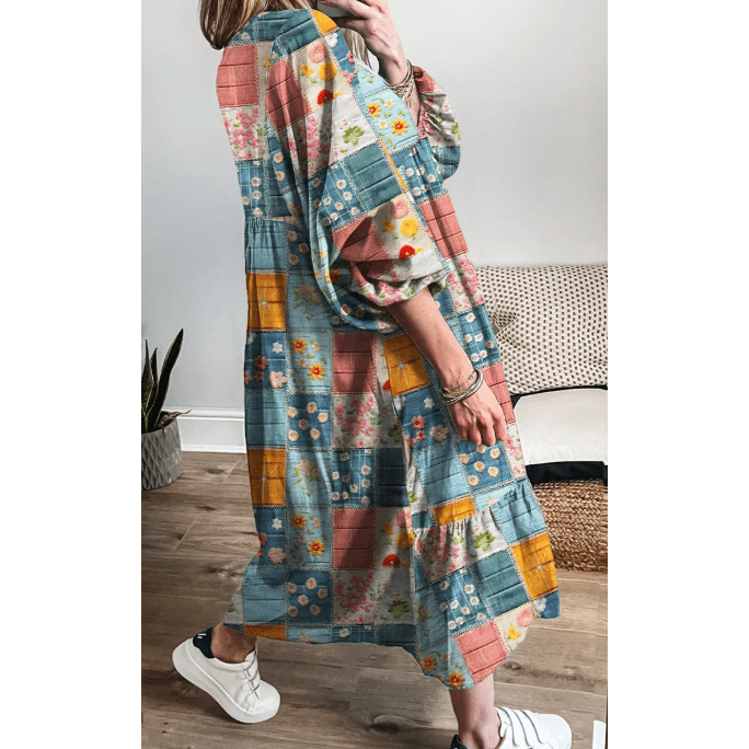 Channing Sky Blue Mix Floral Checkered Pattern Bubble Sleeve Ruffle Hem Dress