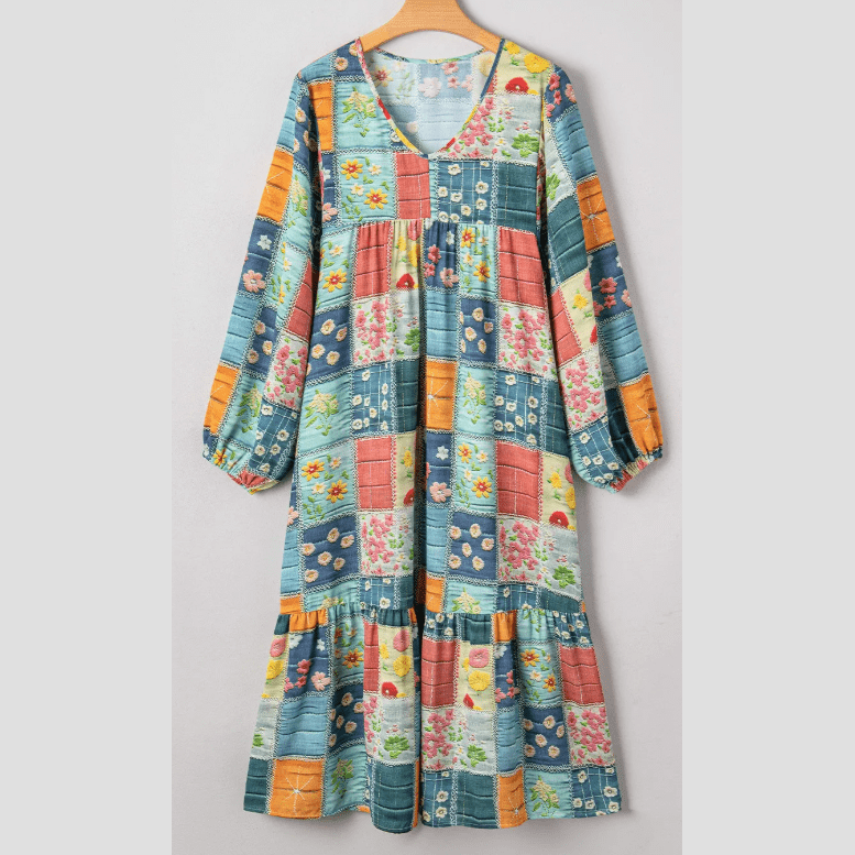 Channing Sky Blue Mix Floral Checkered Pattern Bubble Sleeve Ruffle Hem Dress
