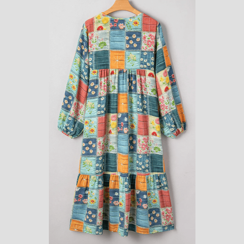Channing Sky Blue Mix Floral Checkered Pattern Bubble Sleeve Ruffle Hem Dress