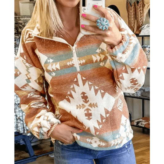 Livy Khaki Quarter Zip Elastic Cuffs Aztec Sweatshirt