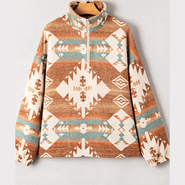 Livy Khaki Quarter Zip Elastic Cuffs Aztec Sweatshirt