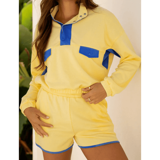 Misha Yellow Color Block Patchwork Half Button Pullover and Shorts 2pcs Outfit