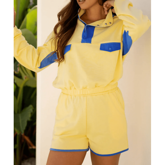 Misha Yellow Color Block Patchwork Half Button Pullover and Shorts 2pcs Outfit