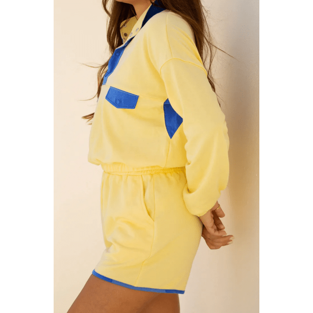 Misha Yellow Color Block Patchwork Half Button Pullover and Shorts 2pcs Outfit