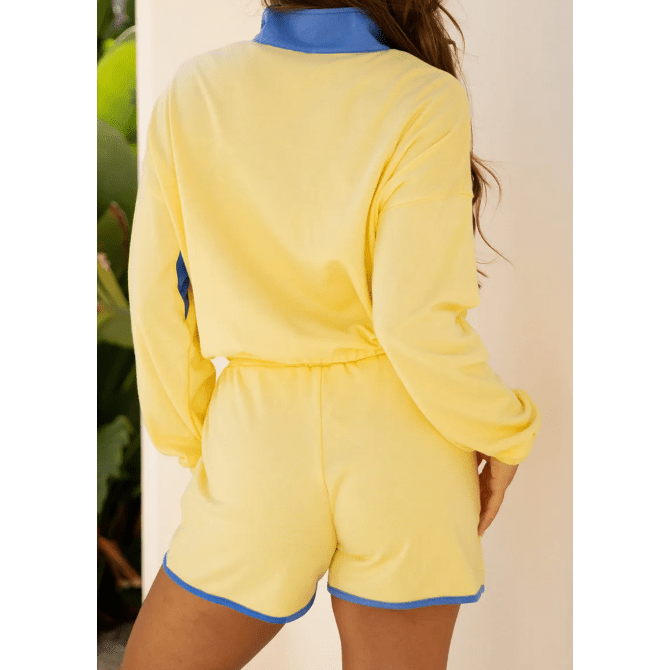 Misha Yellow Color Block Patchwork Half Button Pullover and Shorts 2pcs Outfit