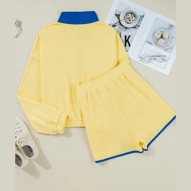 Misha Yellow Color Block Patchwork Half Button Pullover and Shorts 2pcs Outfit