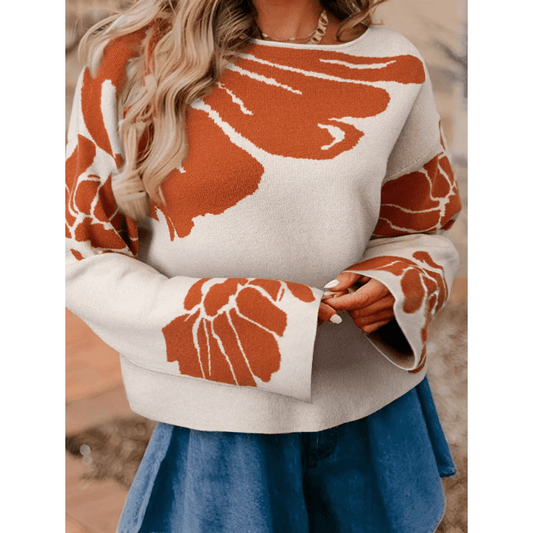 Haven Orange Bold Flower Pattern Wide Sleeve Baggy Sweater