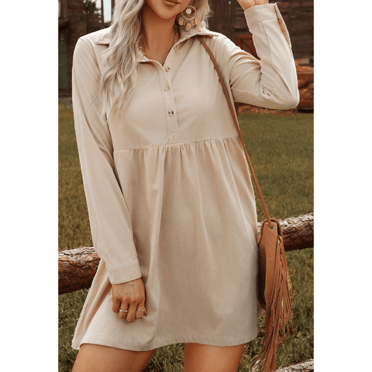 Murray Oatmeal Corduroy Half Button Collared Long Sleeve Mini Dress