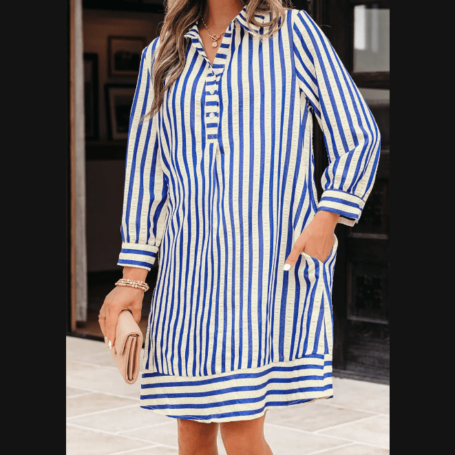 Robbin Blue Stripe Collared Half Button Side Pockets Loose Fit Mini Dress