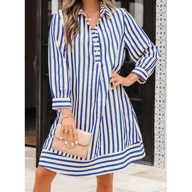 Robbin Blue Stripe Collared Half Button Side Pockets Loose Fit Mini Dress